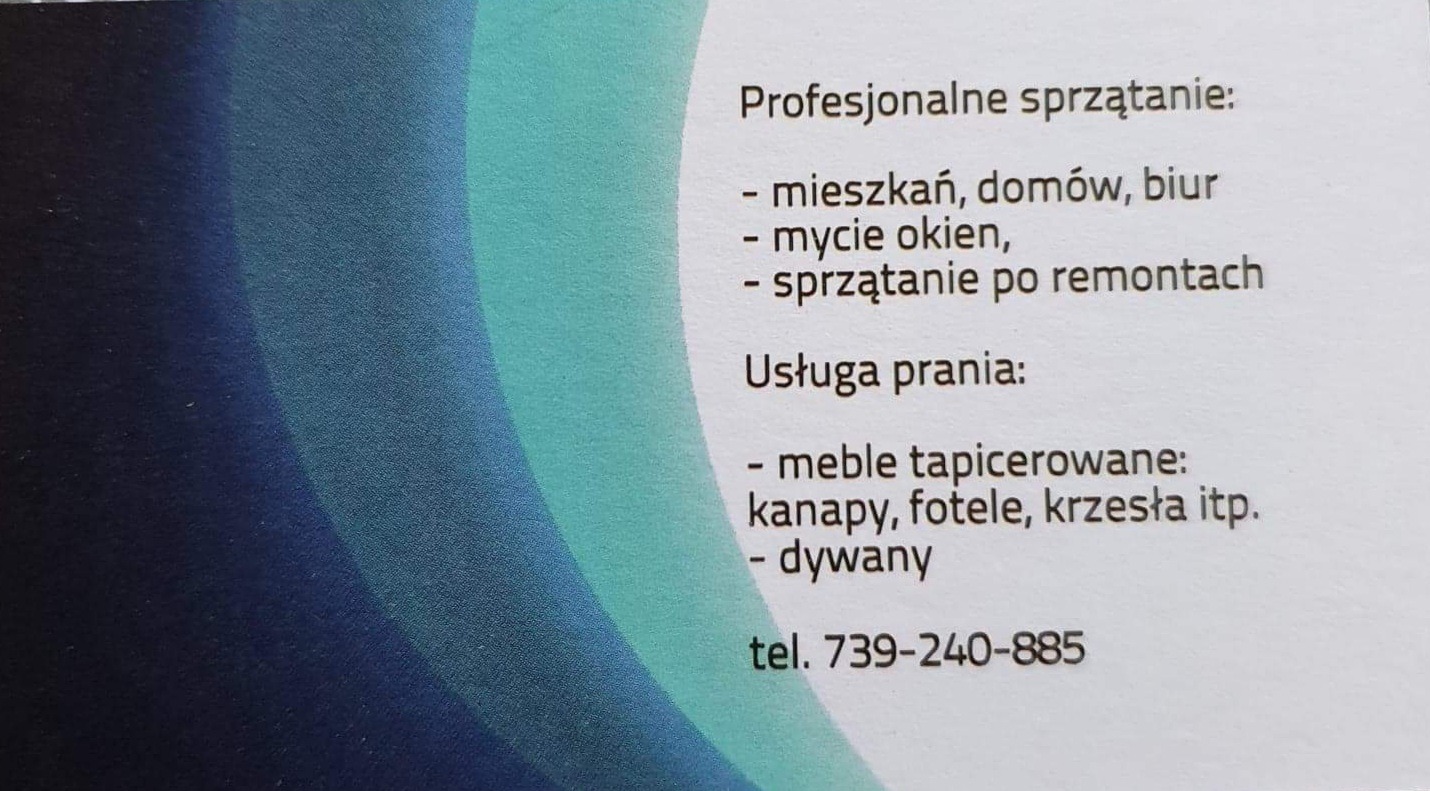 Karta reklamowa usług: profesjonalne sprzątanie mieszkań, domów, biur, mycie okien, sprzątanie po remontach oraz pranie mebli tapicerowanych (kanapy, fotele, krzesła) i dywanów, z podanym numerem...