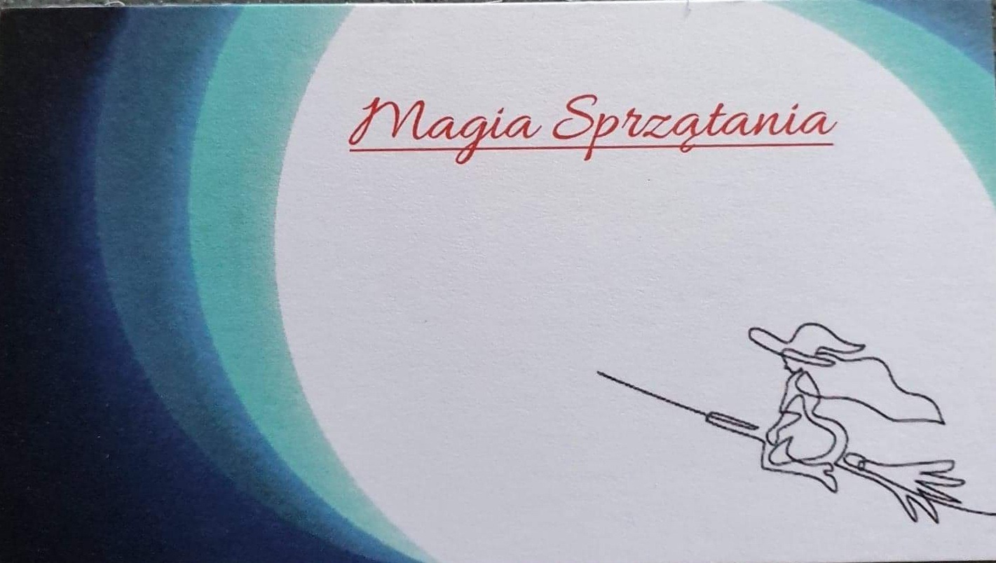 Wizytówka firmy oferującej usługi porządkowe z nazwą 'Magia Sprzątania', przedstawiająca minimalistyczny rysunek czarownicy na miotle na tle gradientu niebiesko-zielonego.