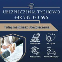 Grafika reklamowa firmy Ubezpieczenia-Tychowo z numerem telefonu, oferująca ubezpieczenia turystyczne, na życie, majątkowe i komunikacyjne. W tle uścisk dłoni nad umową.