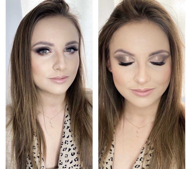 Portret kobiety z profesjonalnym makijażem smoky eye w odcieniach brązu i beżu, na jednym zdjęciu z otwartymi oczami, na drugim z zamkniętymi, eksponującymi cień do powiek i sztuczne rzęsy.