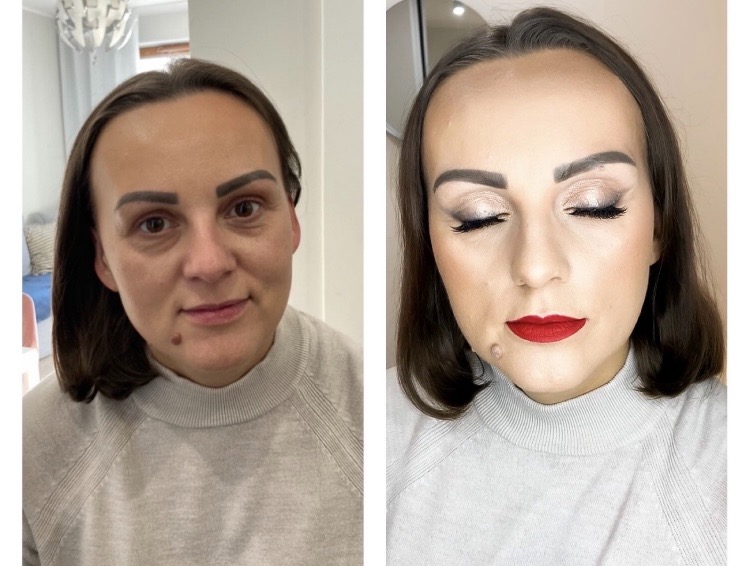 Portret kobiety przed i po aplikacji kosmetyków: szminka w odcieniu czerwieni, cienie do powiek w kolorze szampańskim, sztuczne rzęsy.