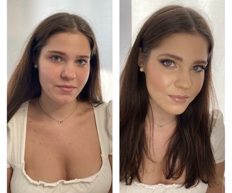 Portret kobiety przed i po aplikacji kosmetyków, widoczne zmiany w konturowaniu twarzy, podkreśleniu oczu i ust, z delikatną biżuterią na szyi.