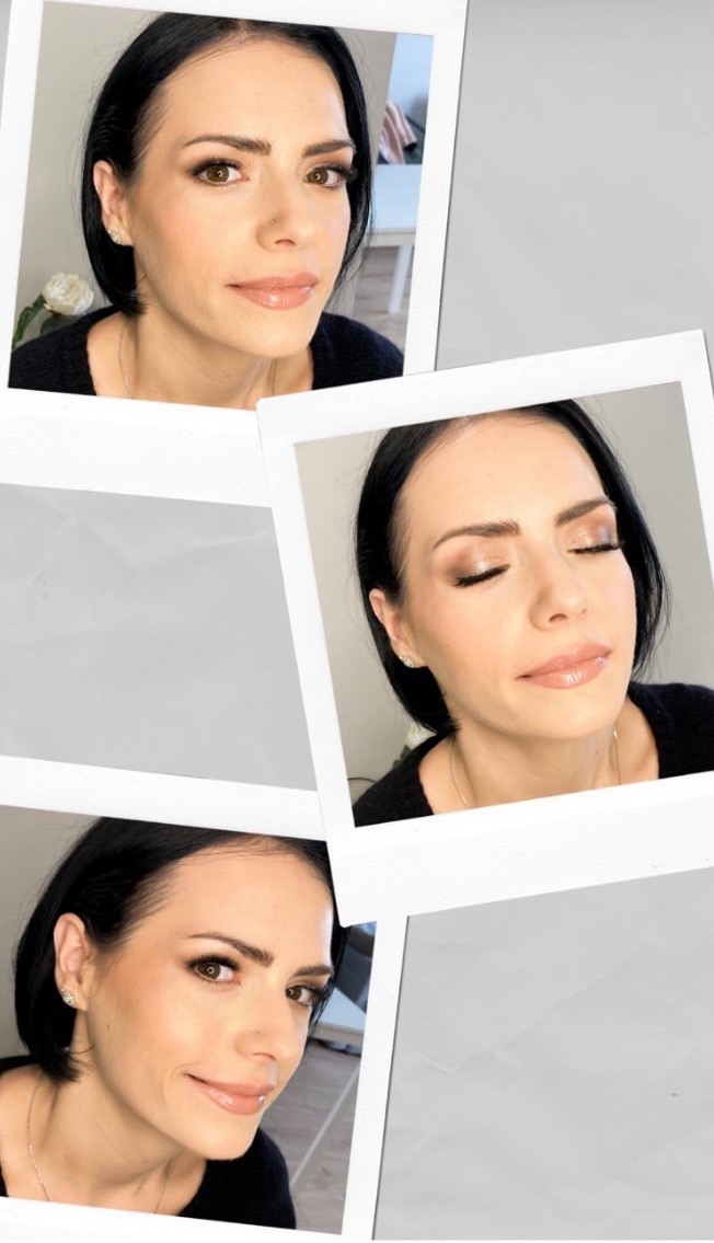 Portret kobiety z delikatnym, błyszczącym upiększeniem twarzy, przedstawiony w formie kolażu polaroidów, z widocznym subtelnym cieniem do powiek i błyszczykiem na ustach.