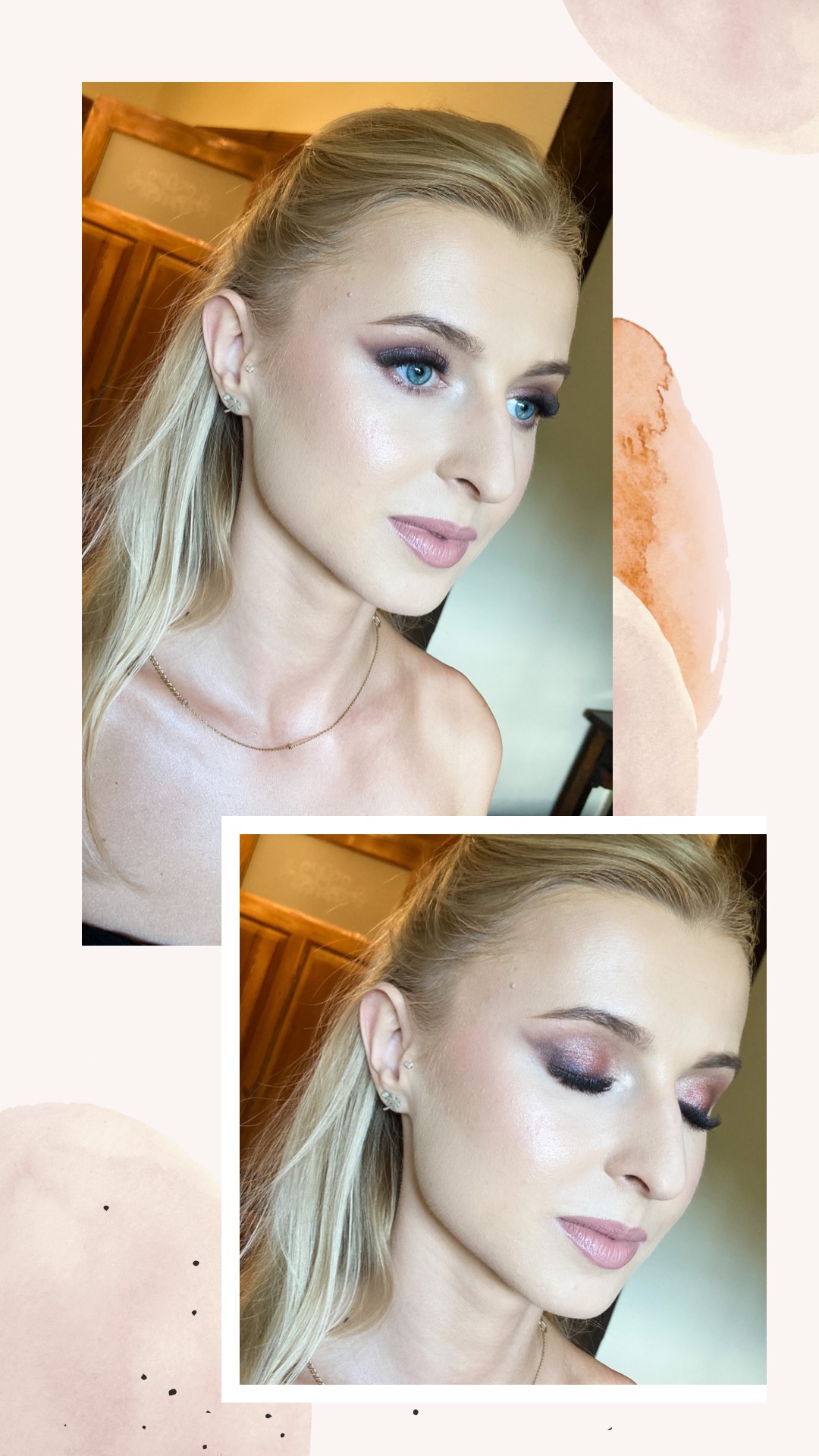 Portret blondynki z delikatnym, wieczorowym upiększeniem oczu w odcieniach fioletu i różu, oraz ustami w kolorze nude; dwa ujęcia w kolażu.