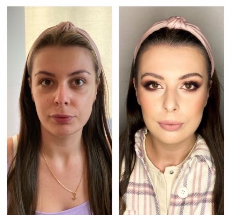 Kobieta przed i po aplikacji kosmetyków: intensywny makijaż oczu, podkreślone kości policzkowe, brzoskwiniowe usta, włosy spięte różową opaską.