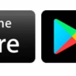 Ikony pobierania aplikacji: 'Available on the App Store' z logo Apple oraz 'Get it on Google Play' z logo Google Play, na czarnym tle.