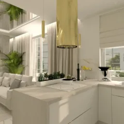 Wizualizacja wnętrza: kuchnia z białymi szafkami, złotą armaturą i okapem, widok na salon z narożnikiem i dekoracyjną ścianą z motywem oka, designerskie oświetlenie.