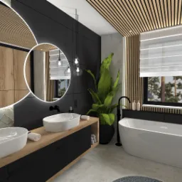 Wizualizacja nowoczesnej łazienki z dwoma umywalkami nablatowymi, owalnym lustrem z podświetleniem LED, wolnostojącą wanną i drewnianą boazerią na suficie i ścianie, uzupełniona o roślinę w czarnej...