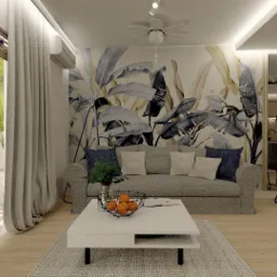 Wnętrze salonu w Legnicy z sofą na tle ściany z motywem roślinnym, stolikiem kawowym z owocami, widokiem na balkon z drewnianymi meblami i roślinami, oświetlone lampami sufitowymi.