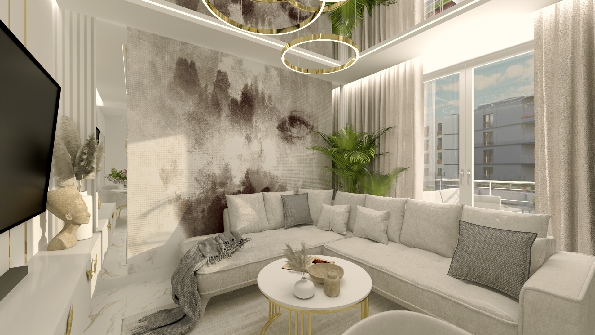 Nowoczesny salon z narożną sofą w odcieniach beżu, okrągłym stolikiem kawowym z elementami złota, dekoracyjną ścianą z abstrakcyjnym wzorem oraz reflektorami sufitowymi w kształcie pierścieni.