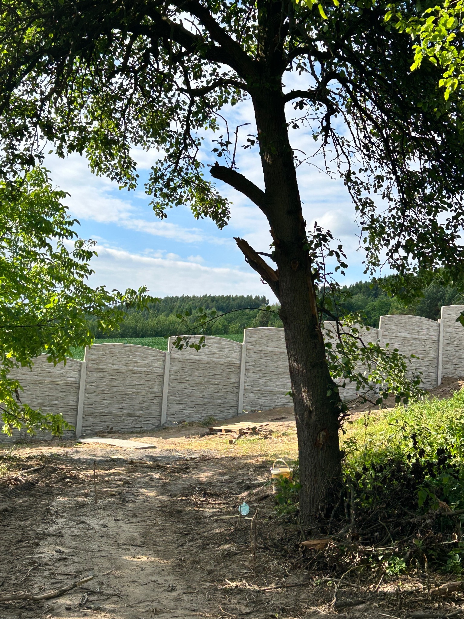 Nowoczesne ogrodzenie betonowe o fakturze kamienia łupanego, widziane spoza drzewa, z zielonym krajobrazem w tle. Widoczne ślady po montażu.