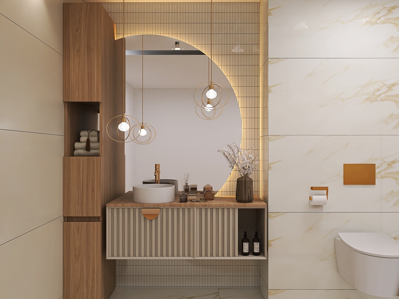 Nowoczesna łazienka z umywalką nablatową, drewnianą szafką z ryflowanym frontem i okrągłym lustrem podświetlonym od tyłu, wiszące lampy kuliste, beżowe płytki z marmurkowym wzorem i wisząca toaleta.