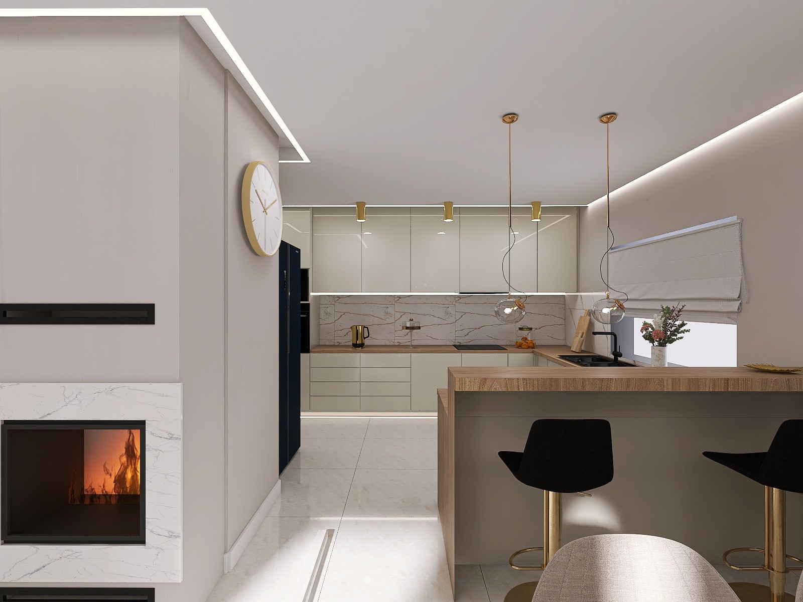 Nowoczesna kuchnia w odcieniach beżu z marmurowym backsplash, wyspą z hokerami i kominkiem w salonie obok, oświetlona wiszącymi lampami i ledami.