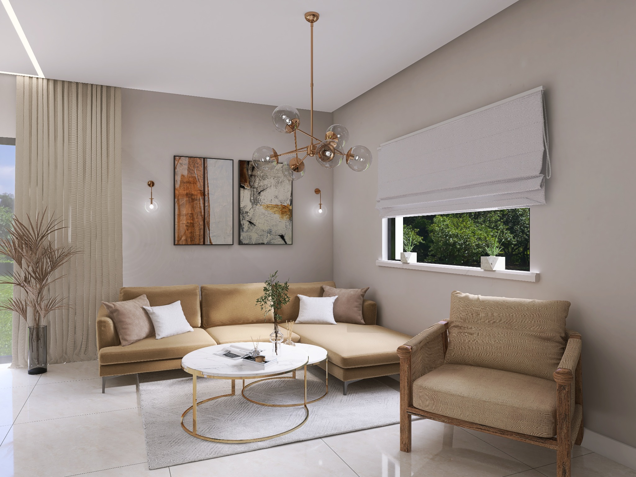 Jasny salon z narożną sofą w odcieniach beżu, okrągłym stolikiem kawowym z marmurowym blatem i złotą podstawą, oraz drewnianym fotelem z plecionym siedziskiem, oświetlony nowoczesną lampą sufitową...