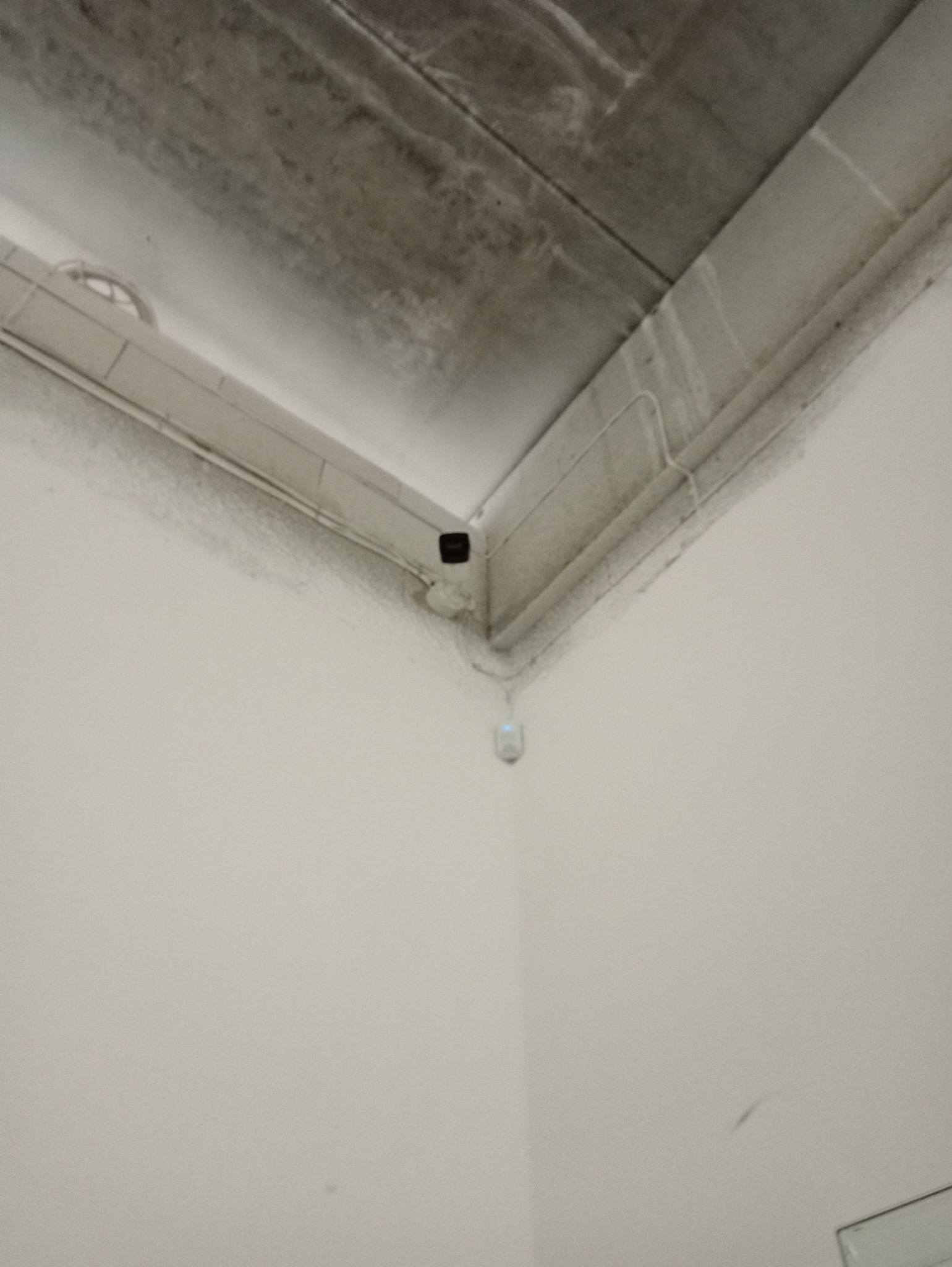 Kamera monitoringu zamontowana w rogu pomieszczenia z widocznymi przewodami na suficie.