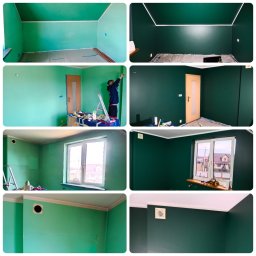 HOMELANT & ELANTerraces - Kolaż zdjęć przedstawiający proces malowania pokoju: od jasnej zieleni do ciemnej zieleni, widoczne przygotowania, malarz na drabinie i efekt końcowy z oświetleniem LED.