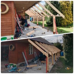 HOMELANT & ELANTerraces - Montaż drewnianej konstrukcji zadaszenia tarasu przy budynku z drewnianą elewacją, widoczne narzędzia, poziomica, opony i drewno opałowe w tle.