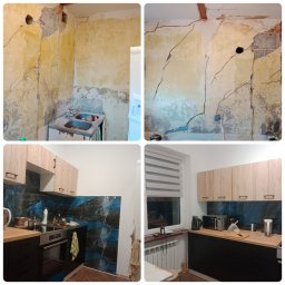 HOMELANT & ELANTerraces - Kolaż przedstawiający kuchnię przed i po remoncie: zniszczone ściany z pęknięciami, stara umywalka kontra nowoczesna zabudowa kuchenna z czarnymi szafkami i blatem z drewna, oraz niebiesko-czarną...