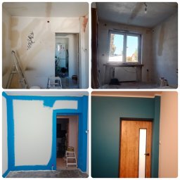 HOMELANT & ELANTerraces - Cztery kadry przedstawiające postęp prac w pokoju: od surowych ścian z resztkami tapet i śladami po gładzi, przez malowanie obramowań na niebiesko, aż po pomalowane na turkusowo ściany i wykończone...