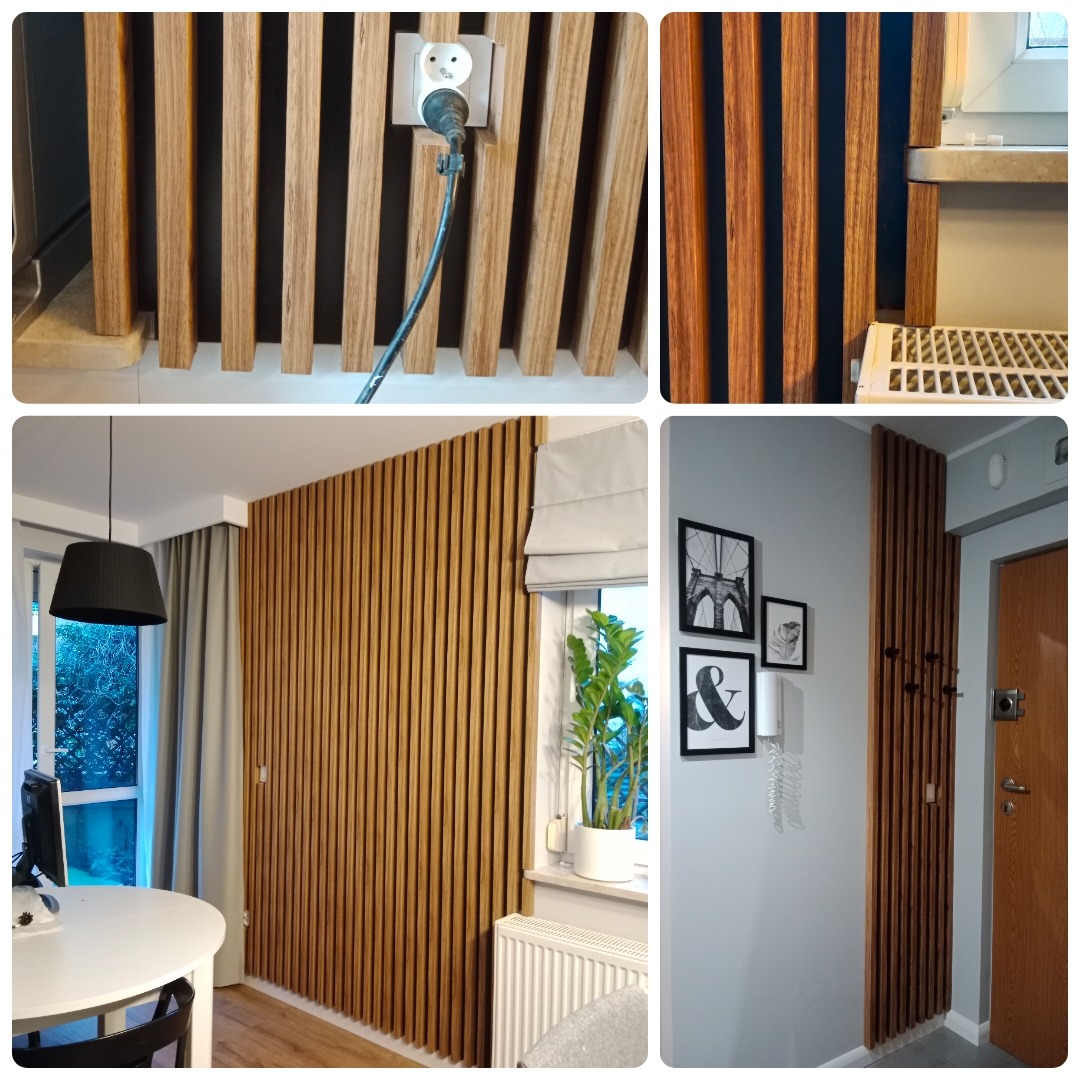 Drewniane lamele ścienne w różnych aranżacjach: przy gniazdku elektrycznym, obok okna z roletą rzymską i rośliną doniczkową, w przedpokoju z wieszakami.