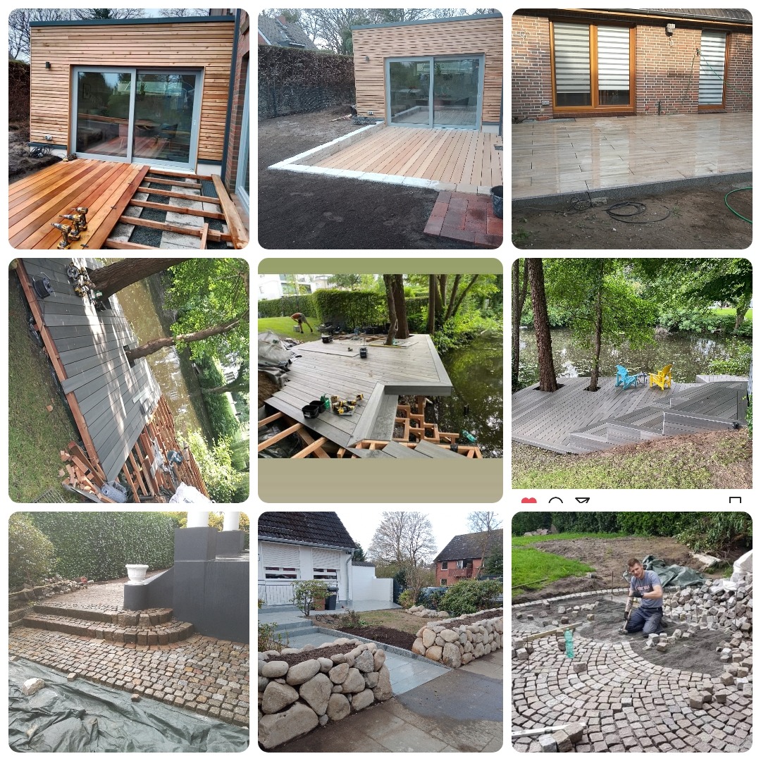 Kompozycja zdjęć przedstawiająca budowę tarasów z drewna kompozytowego nad wodą, tarasu z kostki brukowej przy domu oraz układanie kostki brukowej na posesji.