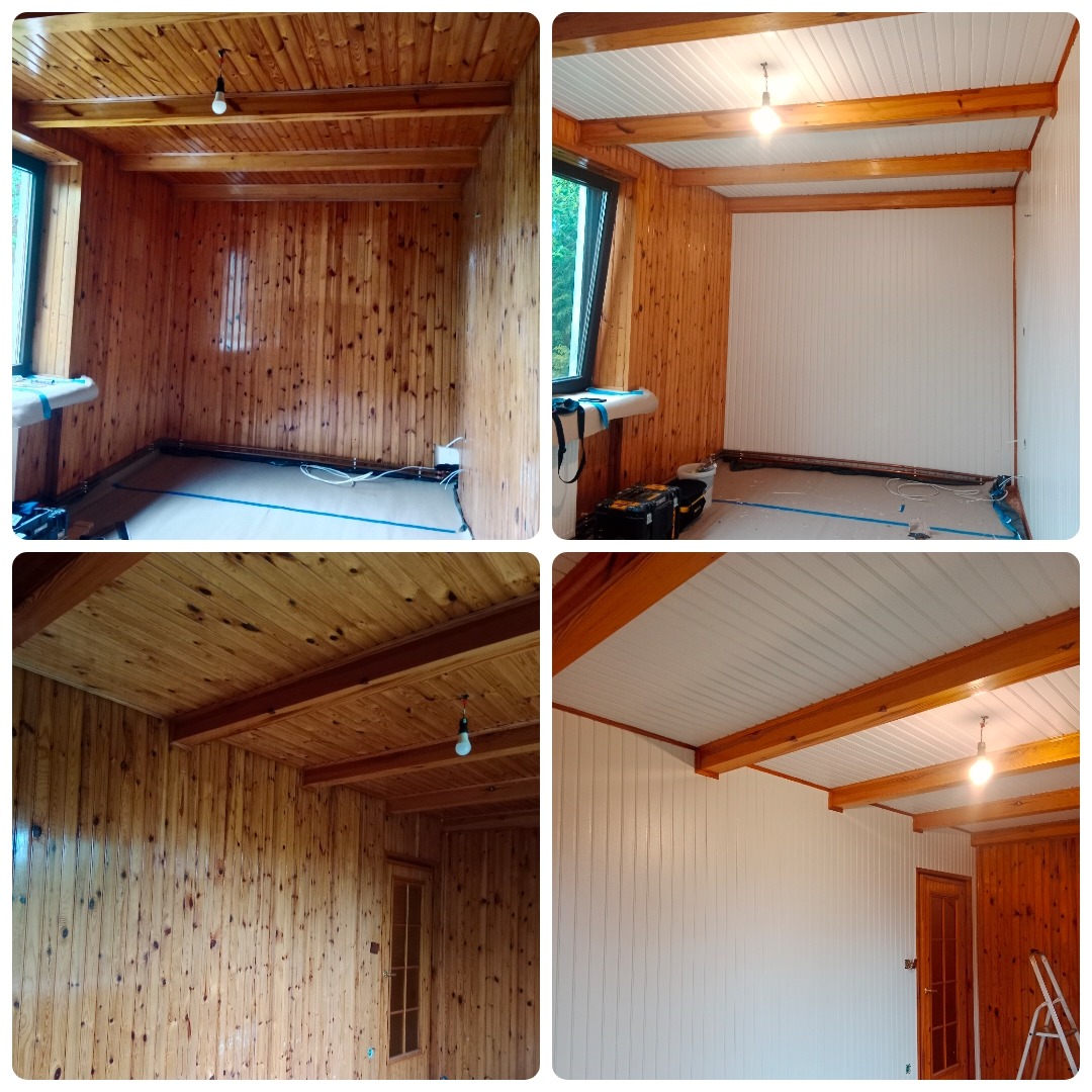 Kolaż przedstawiający pokój z boazerią przed i po malowaniu ścian na biało, widoczny kontrast wykończenia, z pozostawionymi drewnianymi belkami stropowymi.