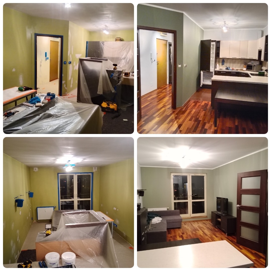 Kolaż przedstawiający remont mieszkania: pokój przed i po malowaniu ścian na kolor oliwkowy, zabezpieczone meble folią malarską, widoczne narzędzia i pędzle, parkiet po renowacji.