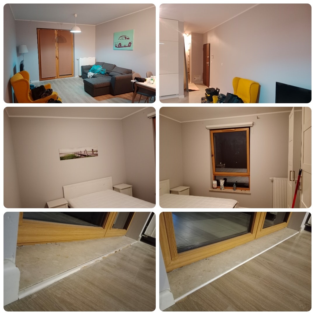 Wnętrze mieszkania po odświeżeniu, widoczne szare ściany, panele podłogowe, meble w salonie i sypialni, z detalami wykończeniowymi okien i listew przypodłogowych.