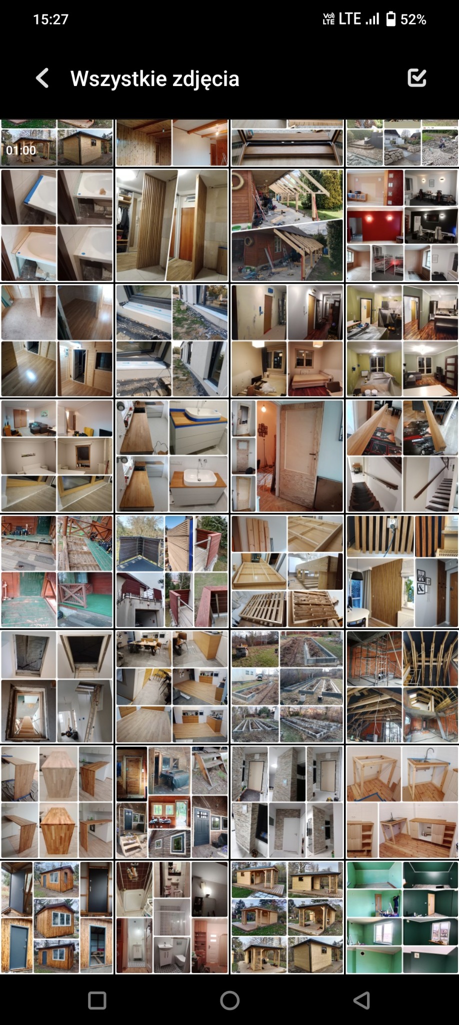 Mozaika zdjęć przedstawiająca różnorodne prace budowlane i wykończeniowe: od konstrukcji drewnianych tarasów i altan, poprzez wnętrza łazienek i kuchni z nowym wyposażeniem, po ogrody...