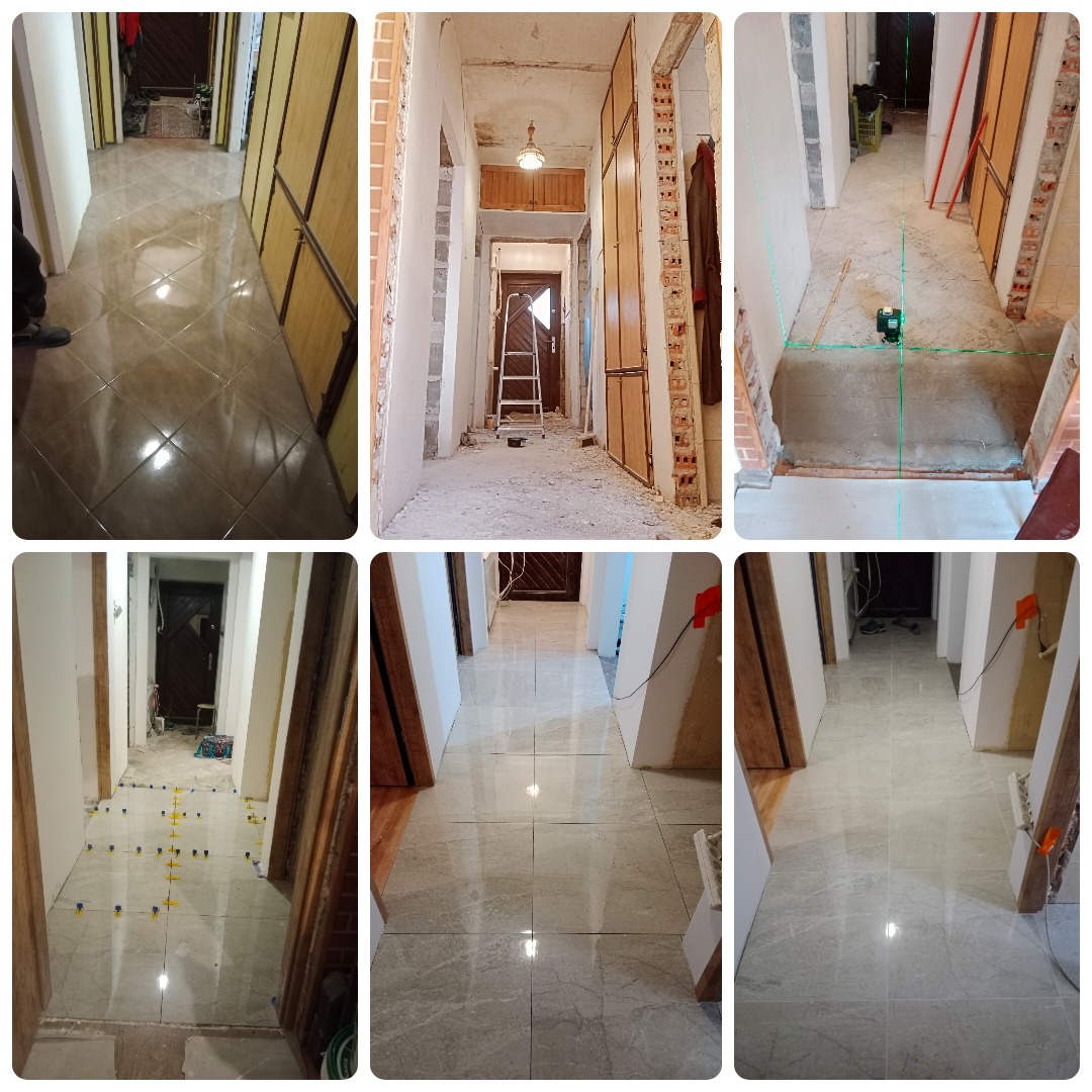 Kolaż zdjęć z remontu korytarza: widok przed, w trakcie i po położeniu płytek podłogowych, z użyciem poziomicy laserowej i elementów dystansowych.