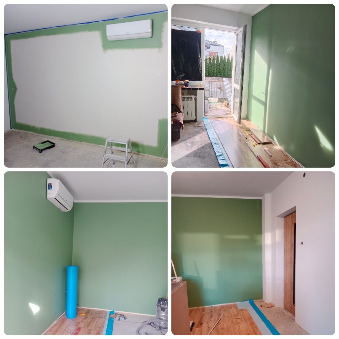 Czteropanelowe ujęcie pokoju w trakcie malowania na zielono: fragmenty ściany z taśmą malarską i niedomalowanymi obszarami, zbliżenie na pomalowaną ścianę z klimatyzatorem i zabezpieczoną podłogą...