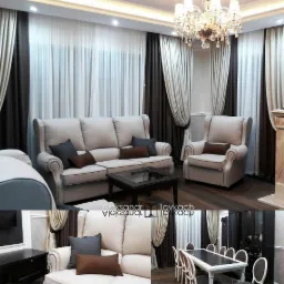 Elegancki salon z beżową sofą, fotelem i szklanym stolikiem kawowym, uzupełniony o brązowe i szare poduszki, ciemne zasłony oraz kryształowy żyrandol; widoczny fragment jadalni z ciemnym stołem...