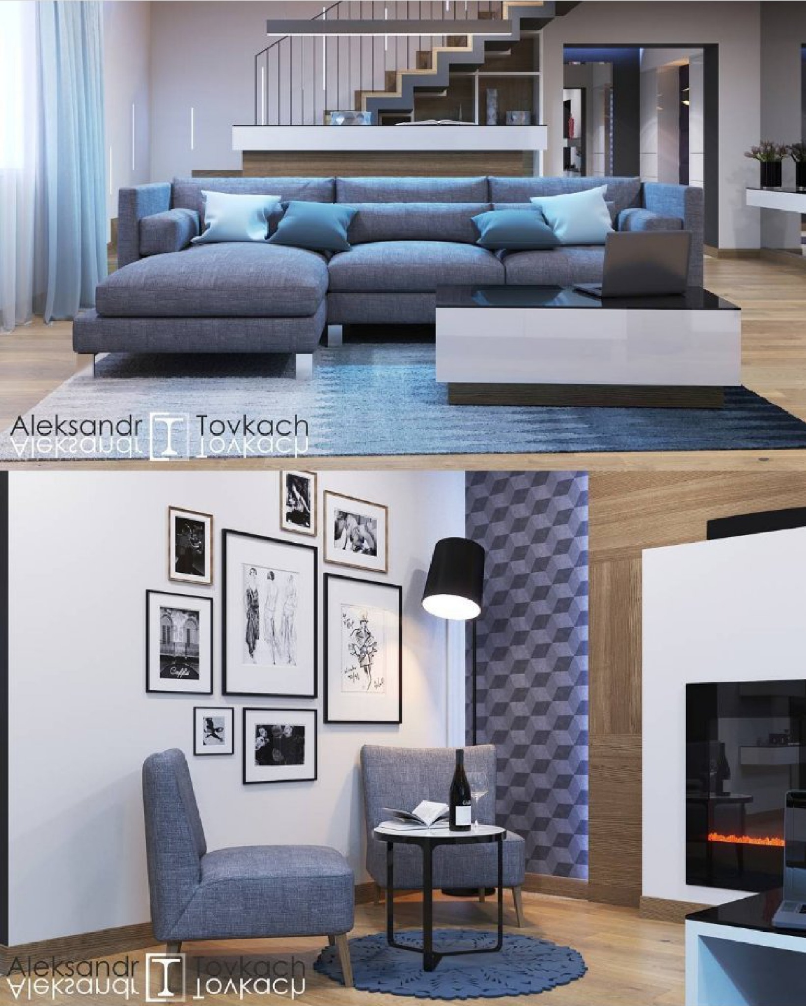 Nowoczesny salon z szarą sofą narożną, jasnymi poduszkami, białym stolikiem kawowym z czarnym blatem i schodami w tle, uzupełniony galerią czarno-białych zdjęć na ścianie, szarą sofą, stolikiem...