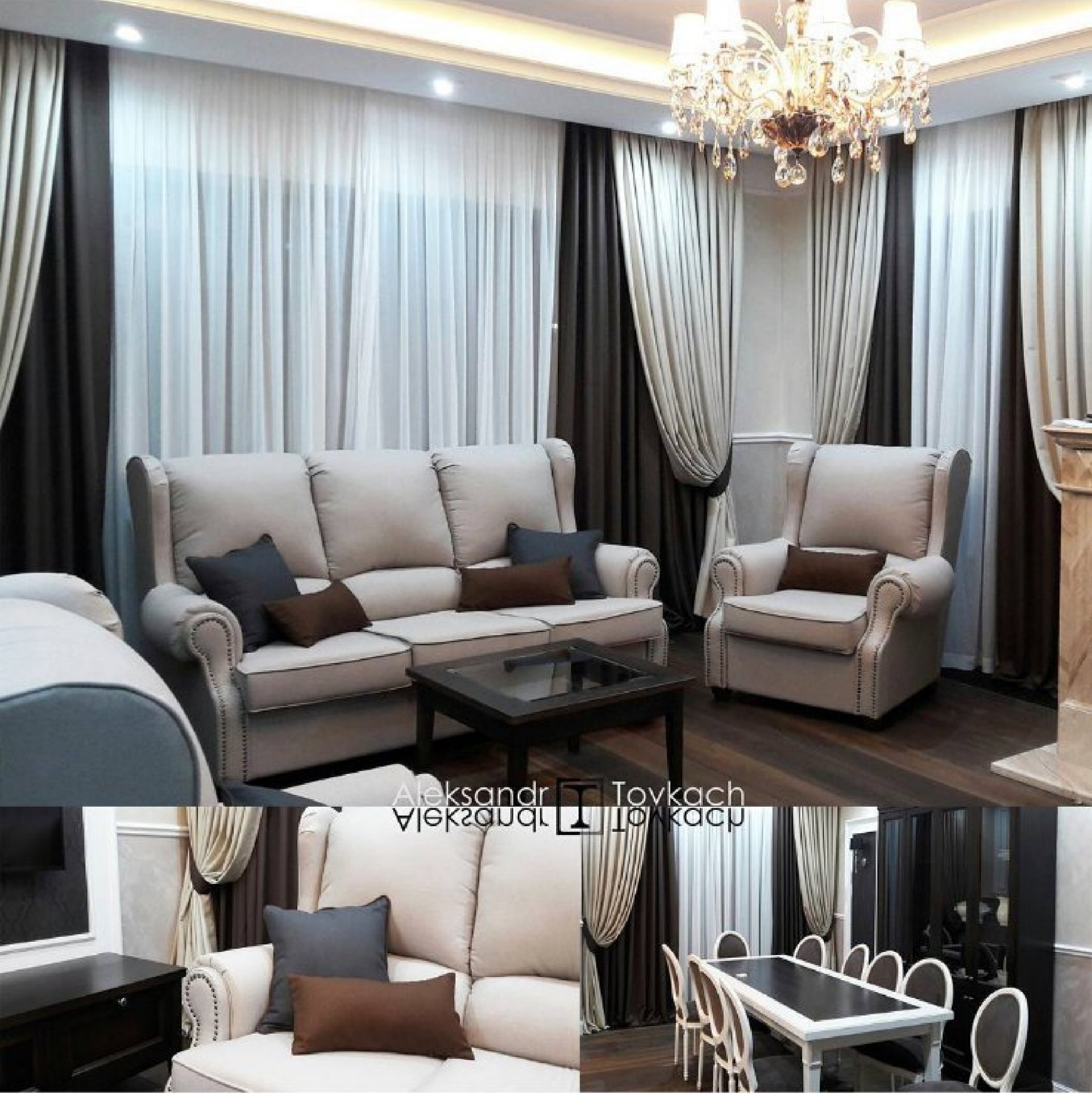 Elegancki salon z beżową sofą, fotelem i szklanym stolikiem kawowym, uzupełniony o brązowe i szare poduszki, ciemne zasłony oraz kryształowy żyrandol; widoczny fragment jadalni z ciemnym stołem...