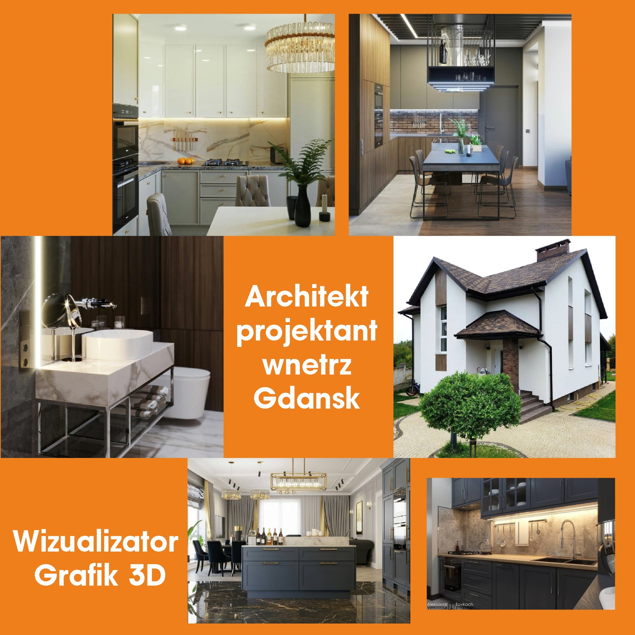 Kolaż prezentujący różnorodne projekty wnętrz: jasna kuchnia z marmurowym blatem, nowoczesna jadalnia z drewnianymi elementami, minimalistyczna łazienka z marmurową umywalką, elegancka jadalnia...