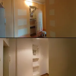 Dwa ujęcia tego samego wnętrza przed i po odświeżeniu: ściany w odcieniach beżu z zaznaczonymi prostokątami do malowania, widoczny licznik gazu i rury, oraz wnęka z półkami po remoncie, pomalowane...