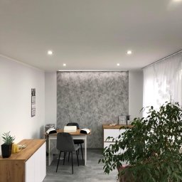 Regips Projekt - Wnętrze salonu kosmetycznego z dekoracyjną szarą ścianą, drewnianymi meblami i dużym zielonym kwiatem doniczkowym.