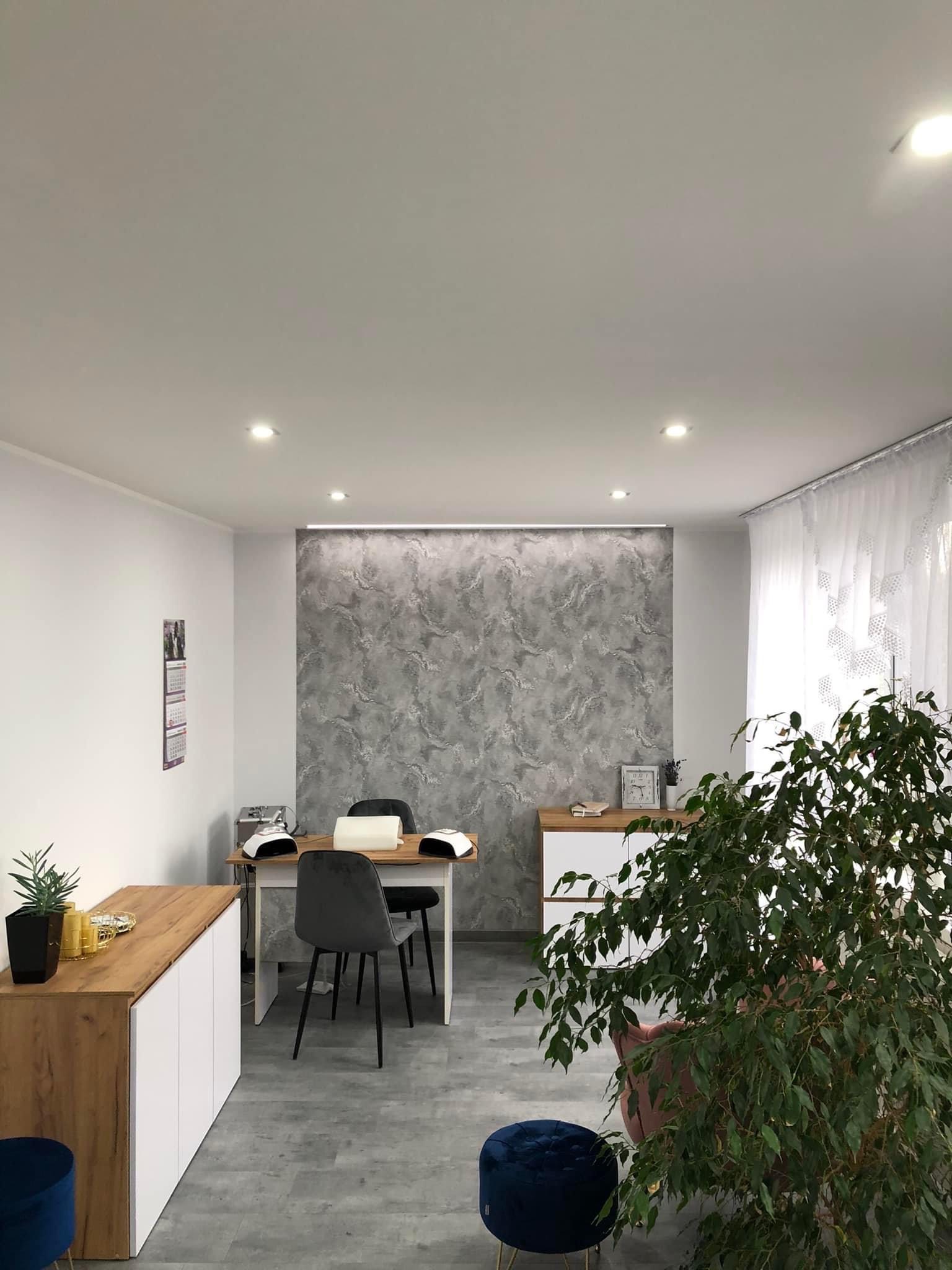 Wnętrze salonu kosmetycznego z dekoracyjną szarą ścianą, drewnianymi meblami i dużym zielonym kwiatem doniczkowym.