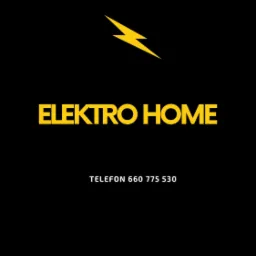 Logo firmy Elektro Home na czarnym tle, z żółtą ikoną błyskawicy i numerem telefonu.