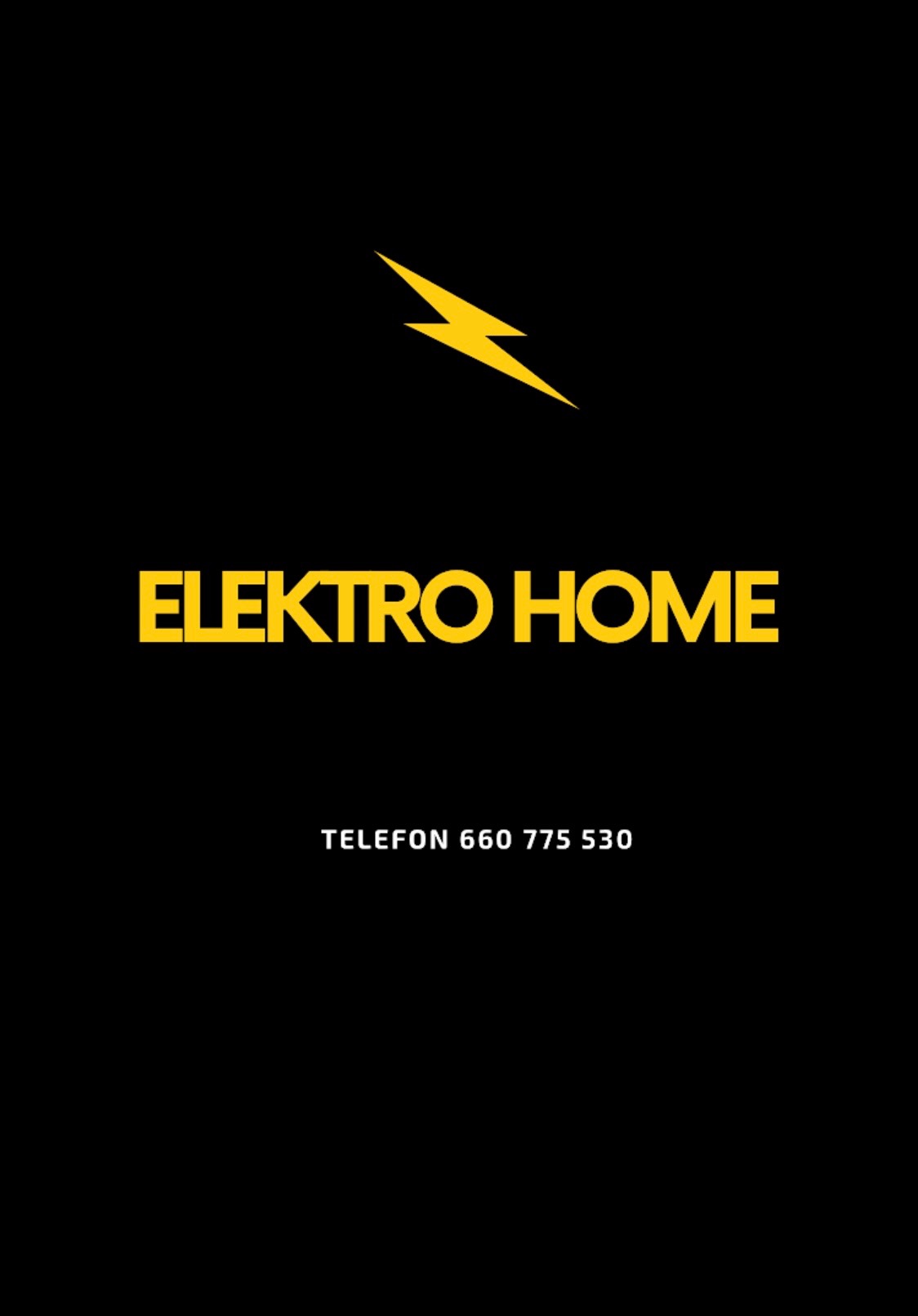 Logo firmy Elektro Home na czarnym tle, z żółtą ikoną błyskawicy i numerem telefonu.