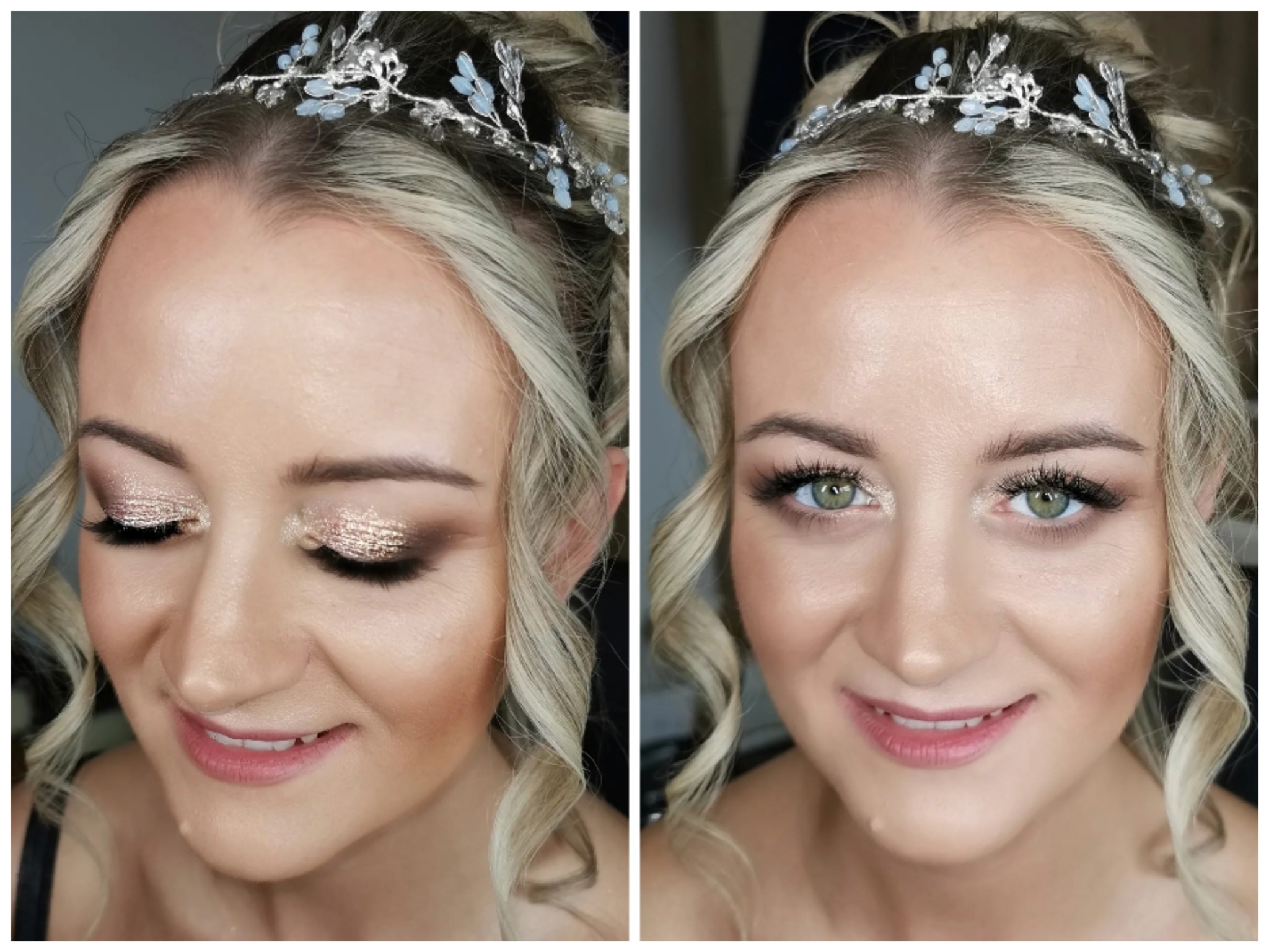 Kolaż przedstawia zbliżenie twarzy kobiety z profesjonalnie wykonanym, błyszczącym makijażem oczu w odcieniach brązu i złota, delikatnym konturowaniem oraz ozdobną srebrną tiarą z jasnoniebieskimi...