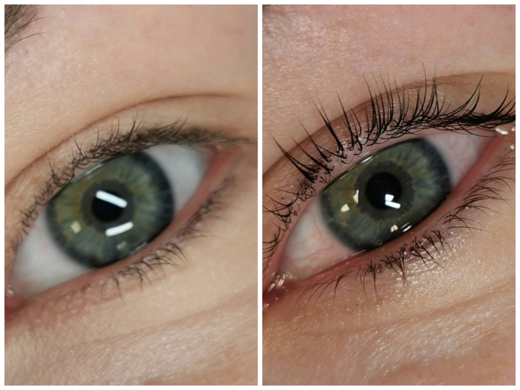 Porównanie oka przed i po zabiegu liftingu rzęs: oko po prawej stronie z wyraźnie podkręconymi i wydłużonymi rzęsami, oko po lewej stronie z naturalnymi rzęsami.