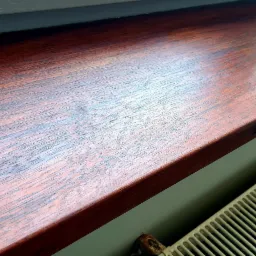 Ciemnoczerwony, lakierowany parapet drewniany z widocznym usłojeniem, przylegający do ściany w kolorze oliwkowym i grzejnika żeberkowego.