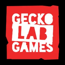 Logo Gecko Lab Games, biały tekst na czerwonym, nieregularnym tle, stylizowane na wycinankę.