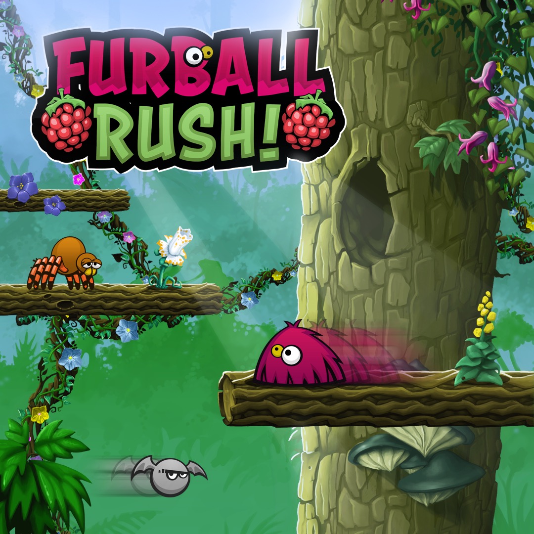 Ilustracja z gry platformowej 'Furball Rush!' przedstawiająca różowego futrzaka pędzącego po drewnianej kłodzie, z pajęczakiem na platformie powyżej i nietoperzem w locie w lewym dolnym rogu,...