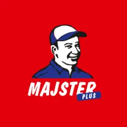 Ilustracja logotypu firmy Majster Plus na czerwonym tle, przedstawiająca uśmiechniętego mężczyznę w czapce i niebieskiej koszuli.