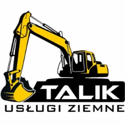Grafika wektorowa przedstawia stylizowaną, żółto-czarną koparkę z wysięgnikiem i łyżką, umieszczoną nad napisem 'TALIK USŁUGI ZIEMNE' w czarnym kolorze na białym tle.