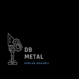 Logo firmy DB Metal Damian Bogumił, przedstawiające stylizowaną wiertarkę z dwiema zębatkami na czarnym tle.