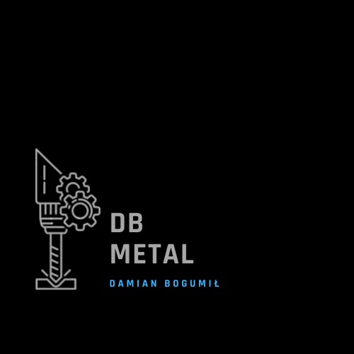 Logo firmy DB Metal Damian Bogumił, przedstawiające stylizowaną wiertarkę z dwiema zębatkami na czarnym tle.