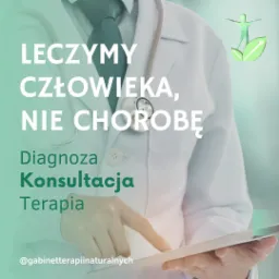 Lekarz w białym fartuchu i ze stetoskopem, korzystający z tabletu, z hasłem 'Leczymy człowieka, nie chorobę', logo z sylwetką człowieka i liści oraz napisem 'Diagnoza Konsultacja Terapia'.
